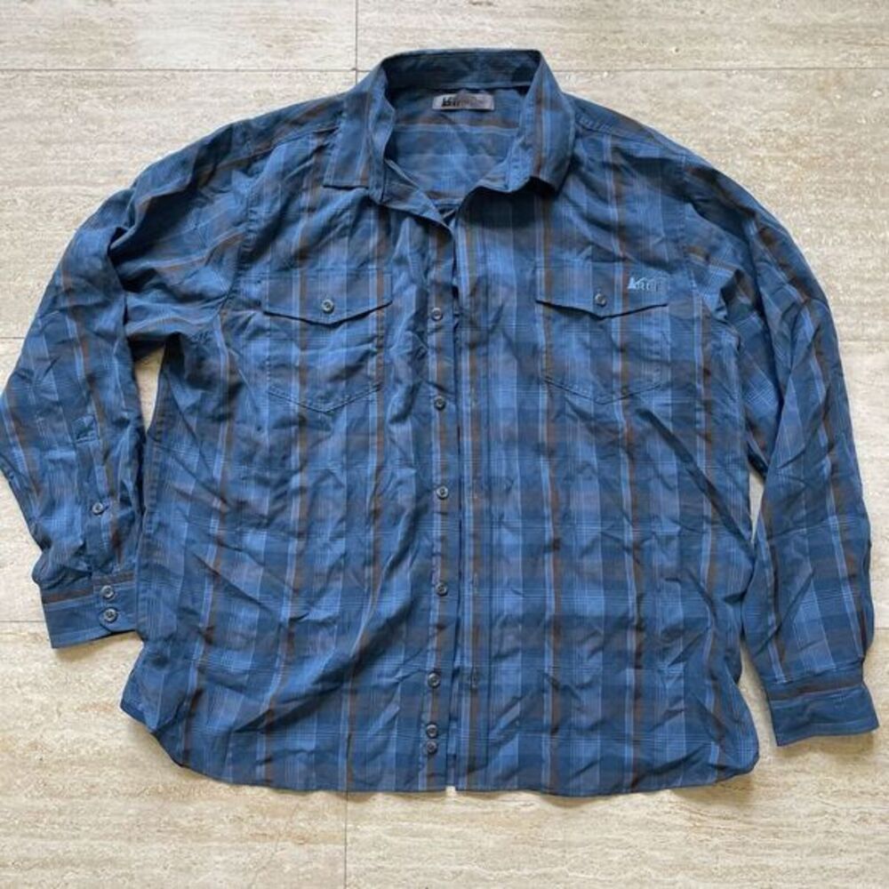 REI Shirt Mens XL Long Sleeve Button Front Plaid Blue Brown